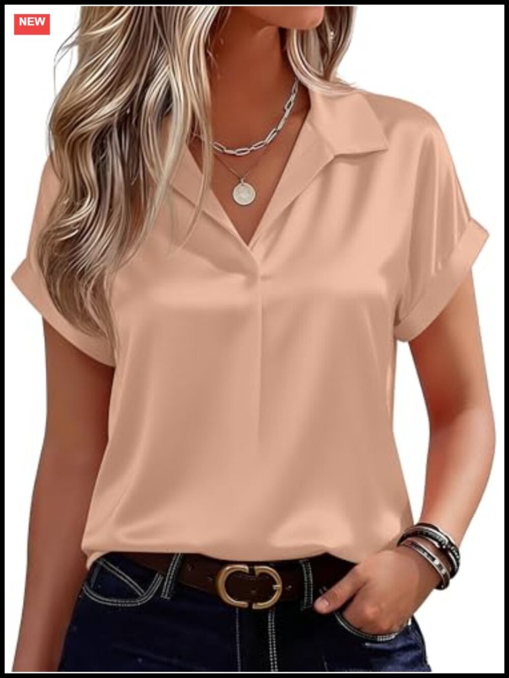 Syewan Women's Satin Silk Short Sleeve V-Neck Business Blouse